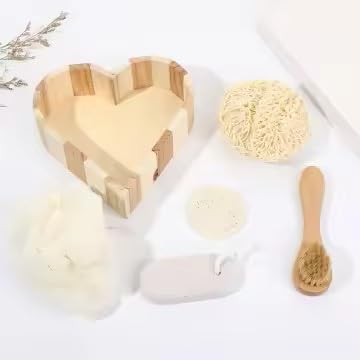 Luxury Bath and Spa Gift Set with Loofah and Other Bath Accessories in Wooden Heart Box