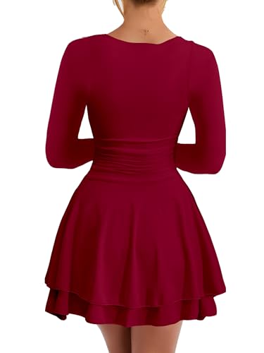 Kaximil Women's Square Neck Ruffle Hem Mini Dress Ruched Waist Long Sleeve Corset Short Party Dresses