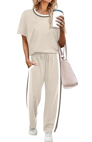 WIHOLL 2 Piece Lounge Sets for Women Matching Set Summer Outfits Short Sleeve Tops Wide Leg Pants with Pockets