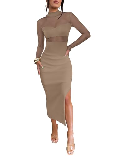 Caracilia Womens Mesh Dress Long Sleeve Mock Neck Bodycon Sheer Going Out Cocktail Night Club Midi Dresses 3 Piece Outfits