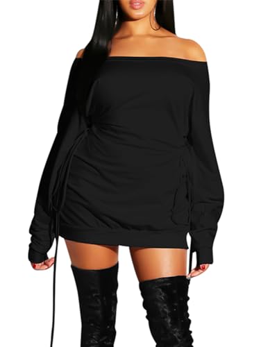 GOKATOSAU Women's Sexy Casual Off Shoulder Long Sleeve Lace Up Loose Club Mini Dress