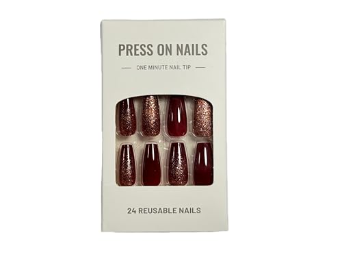 LOONGIN 24Pcs Long Press On Nails Bold Red and Gold Gradient Fake Nails Full Cover Reusable Nail Sticked on Nails Jelly Gl...