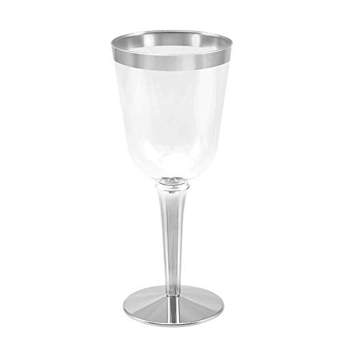 BloominGoods 50 Silver Rimmed Disposable Plastic Wine Glasses | Large 10 oz. Premium Clear Hard Plastic Fancy Wine Cups fo...