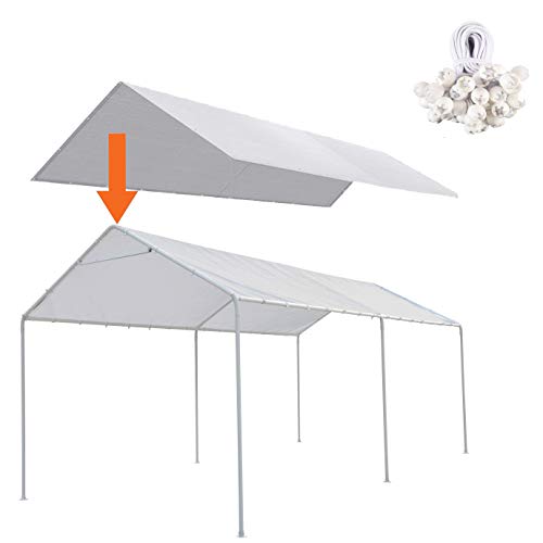 Thanaddo 10 x 20 Ft Carport Replacement Canopy Cover Garage Top Tent Shelter Tarp with Free 44 Ball Bungee Cords,White(Onl...