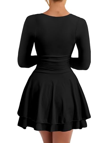 Kaximil Women's Crew Neck Long Sleeve Corset Mini Dress Ruffle Hem Short Party Club Dresses