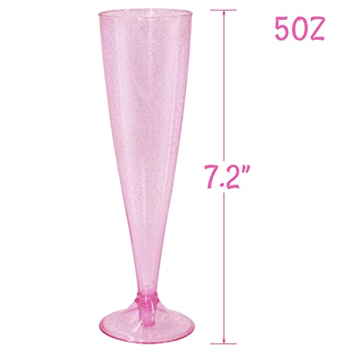 Homy Feel Pink Glitter Plastic Pink Wine Glasses 30 Pack,5 OZ Champagne Flutes Disposable for Party,Plastic Champagne Flut...