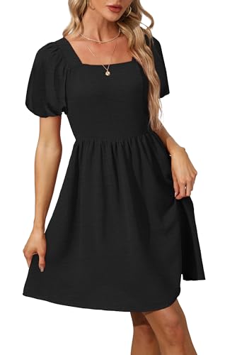 OFEEFAN Women Puff Sleeve Square Neck Tie in Back Dresses with Zipper