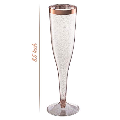 Rose Gold Plastic Champagne Flutes Disposable - Rose Gold Glitter with a Rose Gold Rim - [1 Box of 36 ] 6.5 Oz - Elegant S...