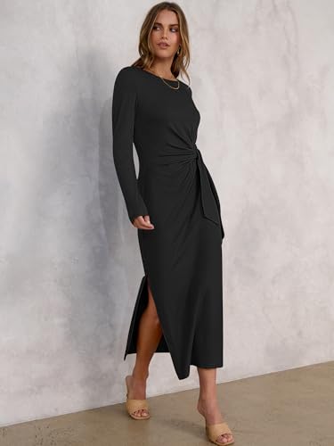ANRABESS Womens 2026 Spring Long Sleeve Maxi Dress Crewneck Tie Waist Slit Casual Long T Shirt Dresses Winter Trendy Outfits