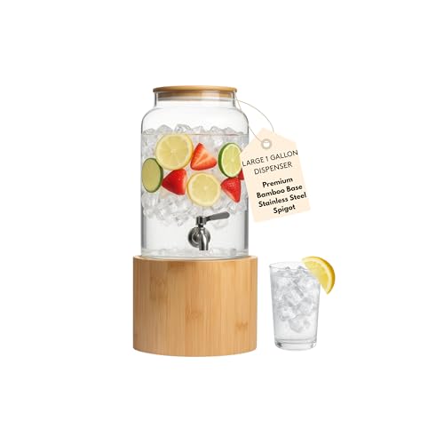 Kitchentoolz 1 Gallon Glass Drink Dispenser for Parties on Bamboo Stand - Premium Borosilicate Beverage Jar with Stainless...