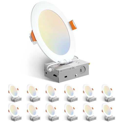 Amico 12 Pack 6 Inch 5CCT Ultra-Thin LED Recessed Ceiling Light with Junction Box, 1050LM Brightness, Dimmable Canless Waf...