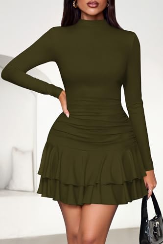 PRETTYGARDEN Womens Spring Long Sleeve Dresses 2026 Mock Neck Ruched Y2K Clothes Ruffle Layered Bodycon Mini Party Dress