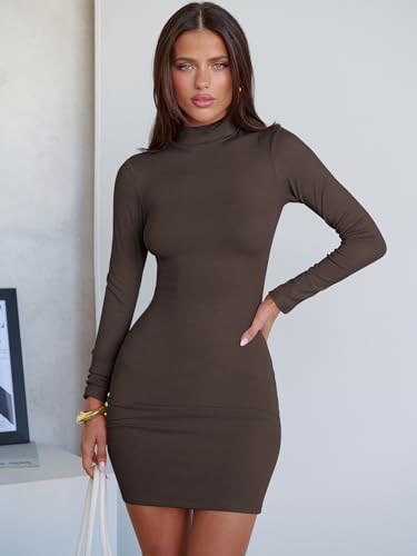 ANRABESS Women Long Sleeve Mock Neck Bodycon Mini Dress 2025 Fall Ribbed Slim Fit Pencil Cocktail Club Night Dresses