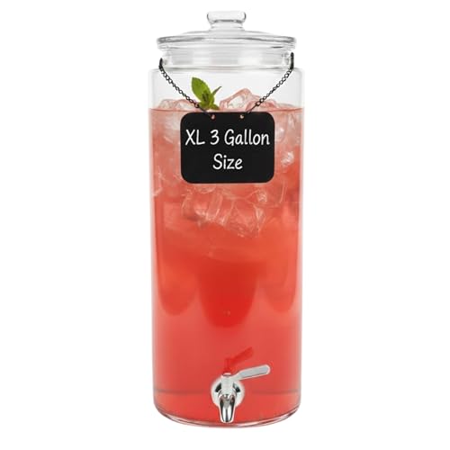 3 Gallon Glass Beverage Dispenser & Spigot – Large Drink Dispenser for Parties, Juice, Water, Iced Tea, Sangria, Punch, Co...