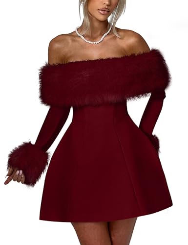 YMDUCH Women's Off Shoulder Long Sleeve Fur Trim A-Line Party Club Mini Dress
