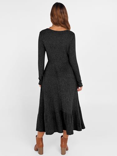 ANRABESS Womens Long Sleeve Midi Dress Spring Rib Knit Crew Neck A Line Soft Flowy Swing Dresses with Pocket Casual Trendy