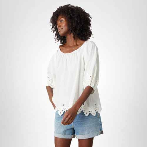 VELVET BY GRAHAM & SPENCER Women's Abigail Schiffli Eyelet Top, Ivory, X-Large