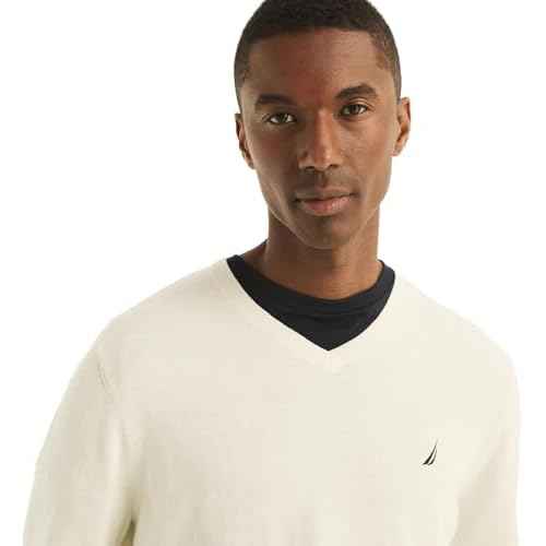 NAUTICA Men's Classic Fit Soft Lightweight Jersey V-Neck Sweater, Marshmallow, M