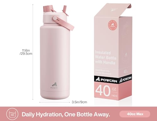 POWCAN 40 oz Insulated Water Bottle with 2-in-1 Straw and Spout Lid, Keep Cold 24H, Leak-Proof, BPA-Free, Double Wall Stai...