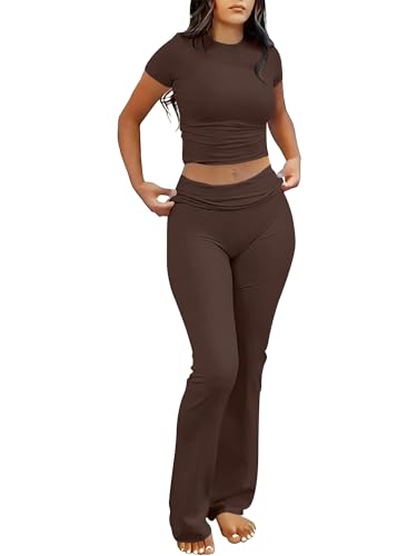 ANRABESS Lounge Sets for Women 2 Piece Foldover Yoga Flare Leggings Pants Crop Tops Casual Y2K Outfits Matching Tracksuit Set