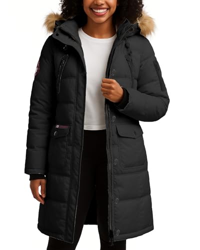 CANADA WEATHER GEAR Womens Long Puffer Coat - Heavyweight Wind Water Resistant Faux Fur Hood Parka Winter Jackets for Women