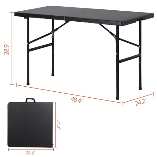 ZENY 4ft Portable Folding Table Plastic Indoor Outdoor Picnic Party Camp Dining Table with Handle, Black