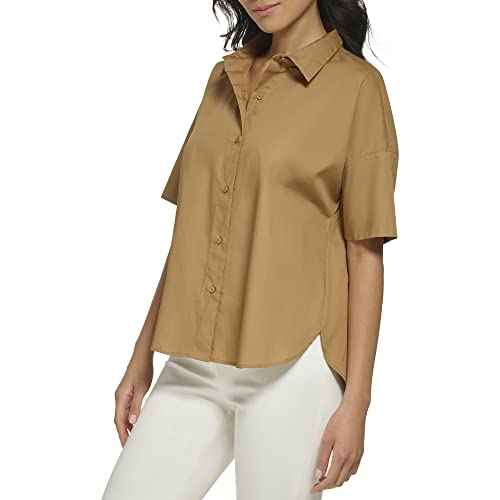 Calvin Klein Womens Poplin Hi Lo Short Sleeve Button Down Blouse
