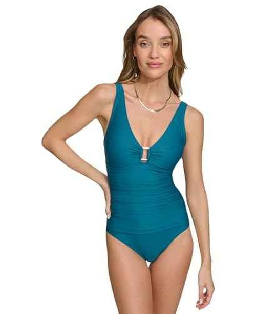 DKNY Women's V-Neck Ring Detail One Piece Swimsuit with Tummy Control, Cypress, Medium