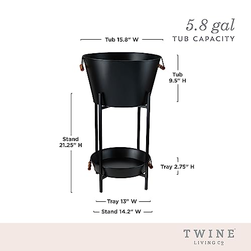 Twine Black Beverage Tub with Collapsible Stand, Large Metal Bucket and Tray, Ice Drink Buckets with Acacia Wood Handles f...