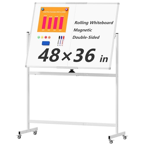 Neatsure Large Rolling Whiteboard on Wheels, 48" x 36" Double-Sided Mobile White Board with Stand, 4' x 3' Portable Standi...