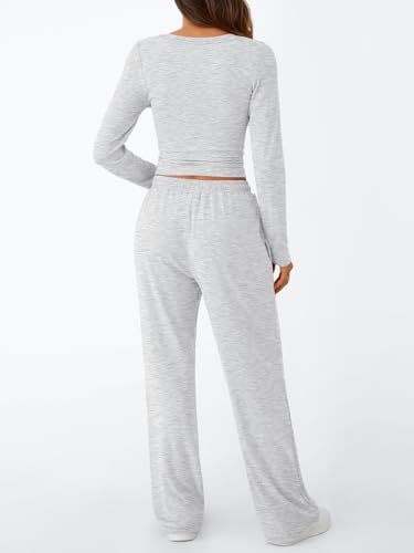 Trendy Queen Women's 2 Piece Matching Lounge Set Long Sleeve Side Ruching Top Wide Leg Drawstring Pants Set with Pockets
