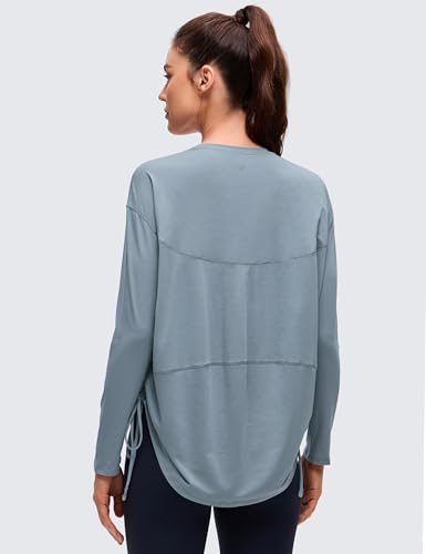 CRZ YOGA Pima Cotton Side Ruched Shirts for Women - Casual Workout Yoga Long Sleeve Tops Loose Crewneck Soft Comfort T-Shirts