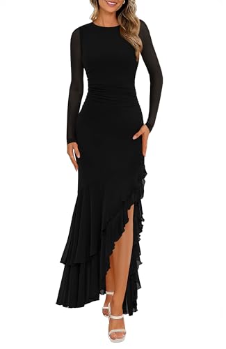 BTFBM Women's Maxi Dresses Spring 2026 Long Sleeve Ruched Bodycon Solid Ruffle Mermaid Cocktail Wedding Guest Dress