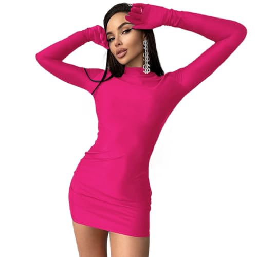 Caviotess Women's Sexy Turtleneck Mini Dress with Gloves Long Sleeve Bodycon Dress Party Festival Outfit Clubwear