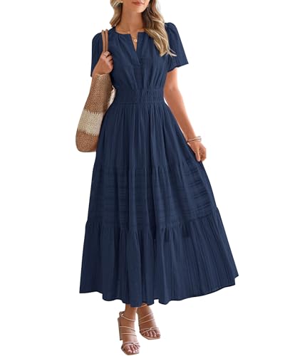 BTFBM Womens Summer 2025 Casual Midi Maxi Dresses Lightweight Short Sleeve V Neck Elastic Waist Boho Beach Dress Pockets