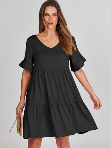 ANRABESS Dresses for Women Summer 2026 V Neck Ruffle Sleeve A Line Tiered Flowy Casual Trendy Mini Beach Dress with Pockets