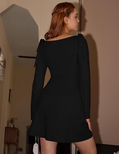 Aprilake Women's Long Sleeve Boat Neck Bodycon Ruched Elegant Bow Tie Party Mini Dress