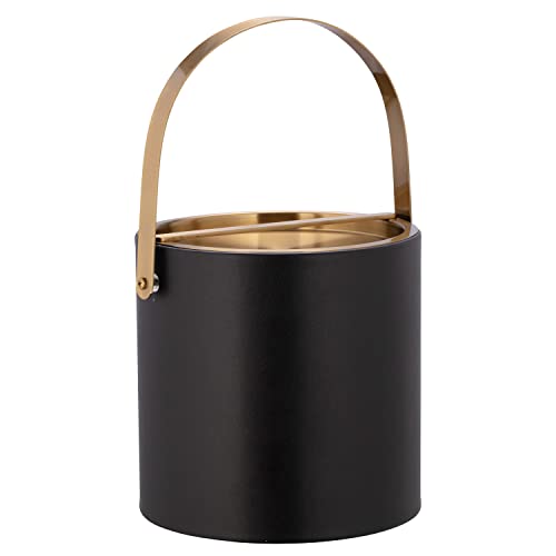 Kraftware SANTA BARBARA 3 Quart Ice Bucket with Brushed Gold Arch Handle & Bridge Cover: Black