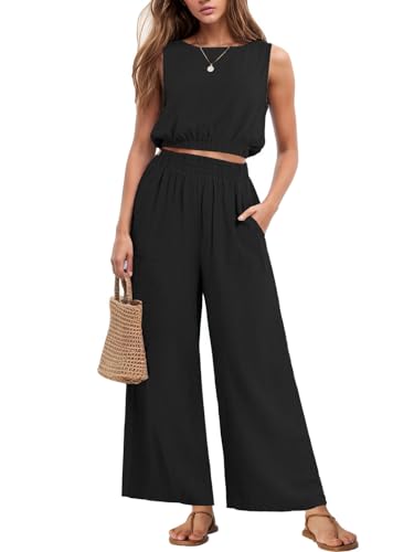 GRECERELLE Two Piece Sets for Women Sleeveless Crop Top Wide Leg Pants Sweat Set for Women Tracksuits 2026 Summer
