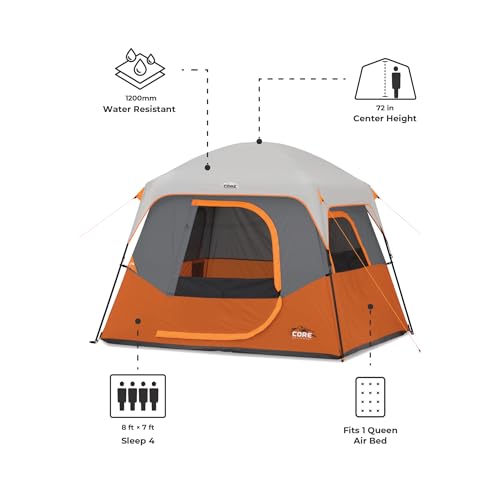 CORE Tent for Family Camping | 4 Person & 6 Person Portable Camp Tent with Carry Bag for Outdoor Car Camping | Included Ge...