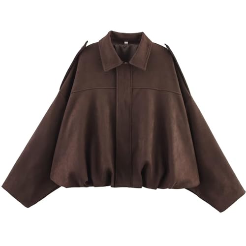 Csvinkiko Women's Faux Suede Bomber Jacket Oversized Pilot Coats Fall Lapel Zip Up Motorcycle Streetwear Outerwear