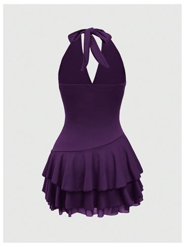 SOLY HUX Women's Summer Halter Backless Mini Dress Flowy Sleeveless V Neck Tie Back A Line Western Casual Sun Dresses