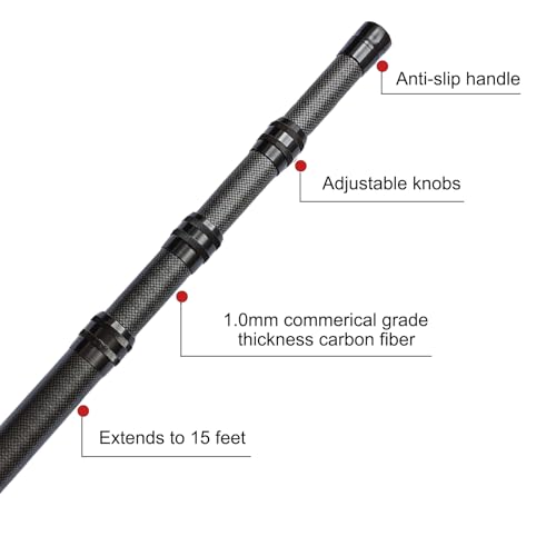 Fzkaly Carbon Fiber Pool Pole, Professional 15 FT Telescoping Swimming Pool Cleaning Pole 4.6 to 15 FT, Ultra-Lightweight ...