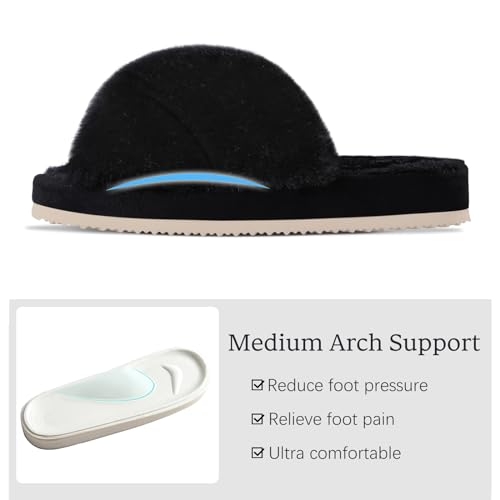 Comwarm Women's Cross Band Fuzzy Slippers Fluffy Open Toe House Slippers Cozy Plush Bedroom Shoes Indoor Outdoor