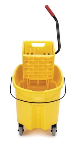 Rubbermaid Commercial Products WaveBrake 35 Qt. Side-Press Mop Bucket and Wringer Combo on Wheels Yellow for Professional/Industrial/Business Heavy-Duty Floor Cleaning/Mopping