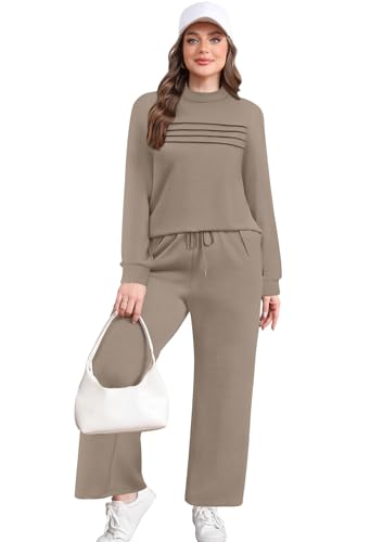 WIHOLL Two Piece Sets for Women Fall Travel Vacation Outfits Long Sleeve Lounge Sets Side Slit Wide Leg Pants S-3XL