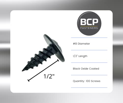 BCP Fasteners #8 x 1/2", 100 Qty Phillips Small Black Modified Truss Head Screws, Deep Thread Sharp Point, Carbon Steel Black Phosphate Coated Self-Tapping Screws for Wood & Metal BCP1077