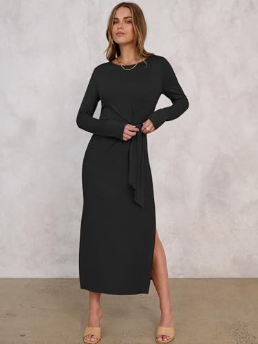 ANRABESS Womens 2026 Spring Long Sleeve Maxi Dress Crewneck Tie Waist Slit Casual Long T Shirt Dresses Winter Trendy Outfits