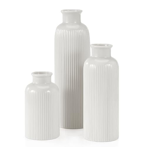 Small White Ceramic Vase Set of 3, Boho Modern White Flower Vase Room Decor, Farmhouse Decor, Vases for Your Kitchen, Bath...