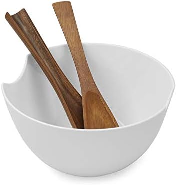 Nambe Quatro Salad Bowl with Servers Set | Large Serving Bowl with Wooden Utensils | Made of Acacia Wood and Fine Bone China | Measures 11-Inches | Dishwasher Safe (White)